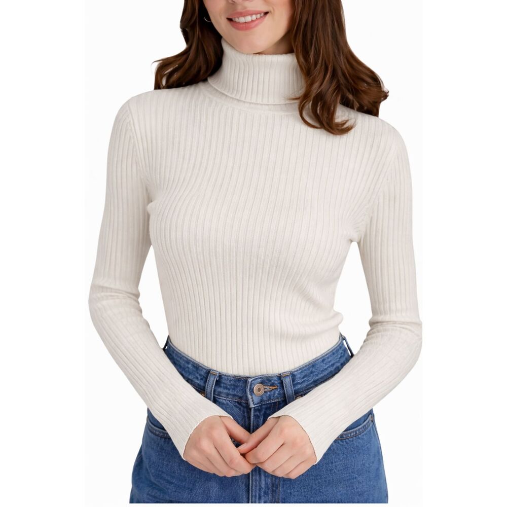 Off-White Women's Turtle Neck Sweater Long Sleeve Knit Top, Size-L